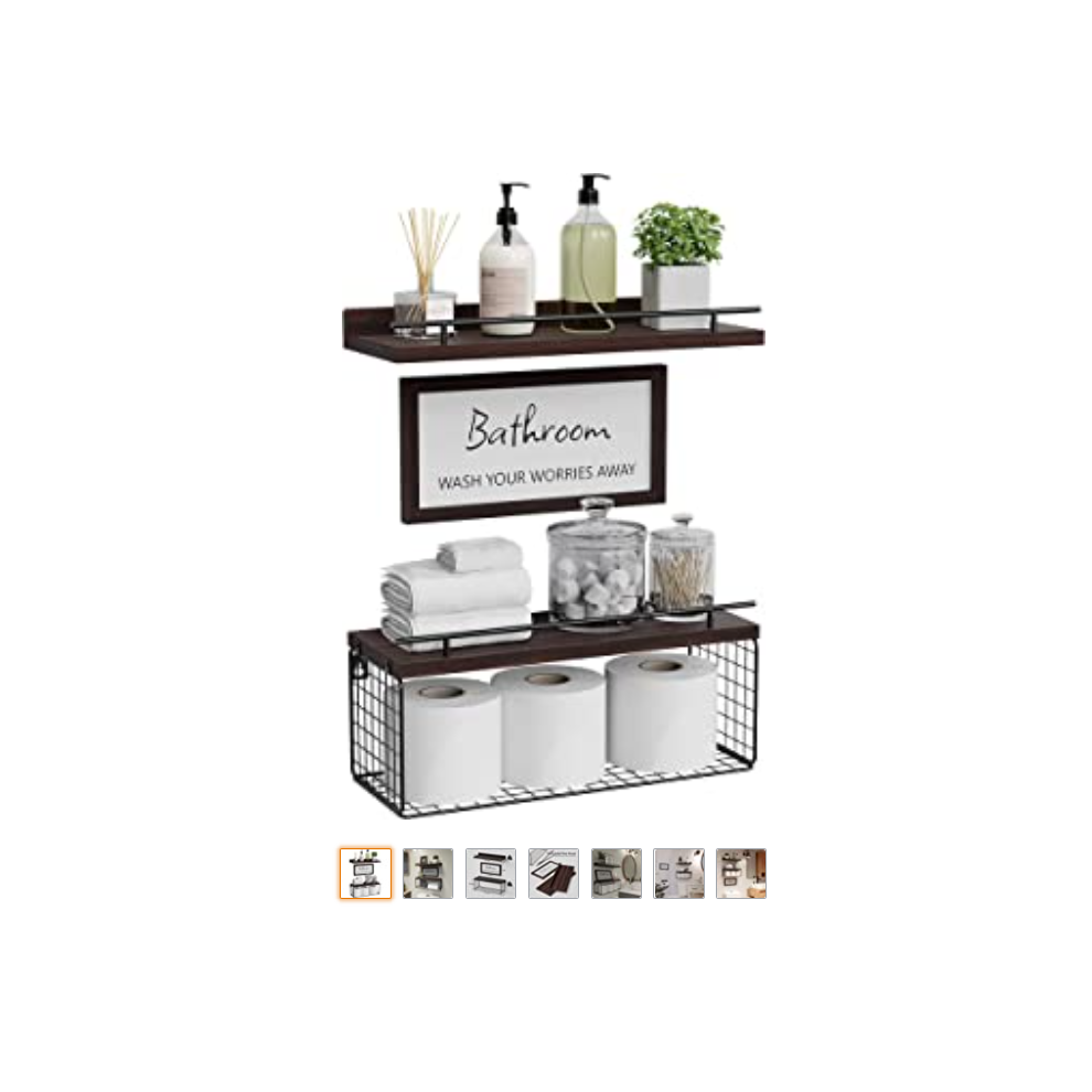 Rustic Floating Shelves Over Toilet With Storage Basket Farmhouse Style Bathroom Organizer Featuring Metal Guardrail And Natural Wood Finish For Livin 9554910837450