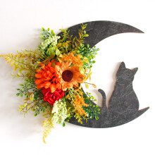 Kreatív Halloween Holdkoszorú, Többszínű Macska és Virágdizájn Bejárati Ajtó Őszi Dekorációkhoz, Behúzható Tollal Inspirált Falikép