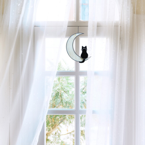 Περίπλοκο βιτρό Suncatcher, διαχρονική μαύρη διακόσμηση γάτας που ακτινοβολεί 2
