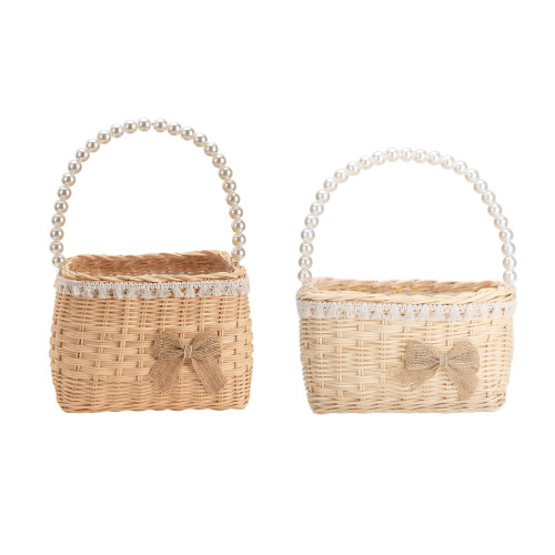 Cesta de vime resistente e ecológica, multiuso, com alça de pérola, pronta para pendurar e com design portátil para mulheres.