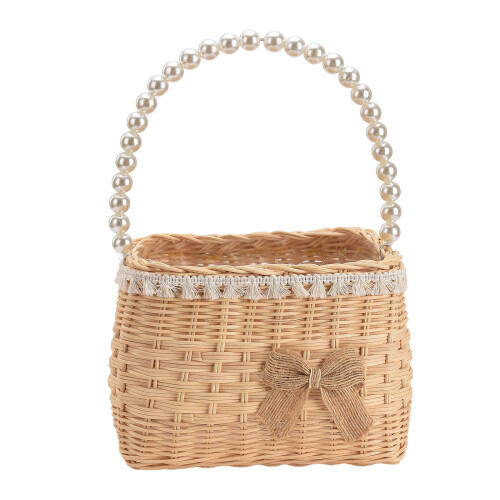 Cesta de vime resistente e ecológica, multiuso, com alça de pérola, pronta para pendurar e com design portátil para mulheres. 2