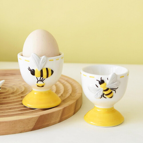 Ceramic Egg Cup with Embossed Bees Design, 2Pcs Bee Theme Spring Breakfast Tableware 1