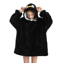Kids Oversized Wearable Blanket Hoodie Soft Flannel with Cute Animal Penguin Hood Black