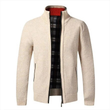 (Beige White, XXXL) Mens Zip Up Thick Fleece Lined Cable Knit Cardigan Winter Knitted Warm Jacket
