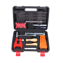 Kit portátil para afilar motosierras con guía de lima ajustable. El kit incluye limas versátiles y un estuche de almacenamiento resistente para el