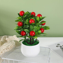 Artificial Bonsai Tree with Red Fruit in Plastic Pot, Maintenance Fake Plant for Home and Office Decor