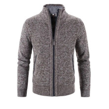 (Brown, L) Mens Zip Up Thick Fleece Lined Cable Knit Cardigan Winter Knitted Warm Jacket
