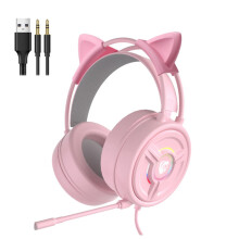 Pink Cat Ear Gaming Headset with Mic, 4D Stereo Sound, USB and 3.5mm for PC Laptop