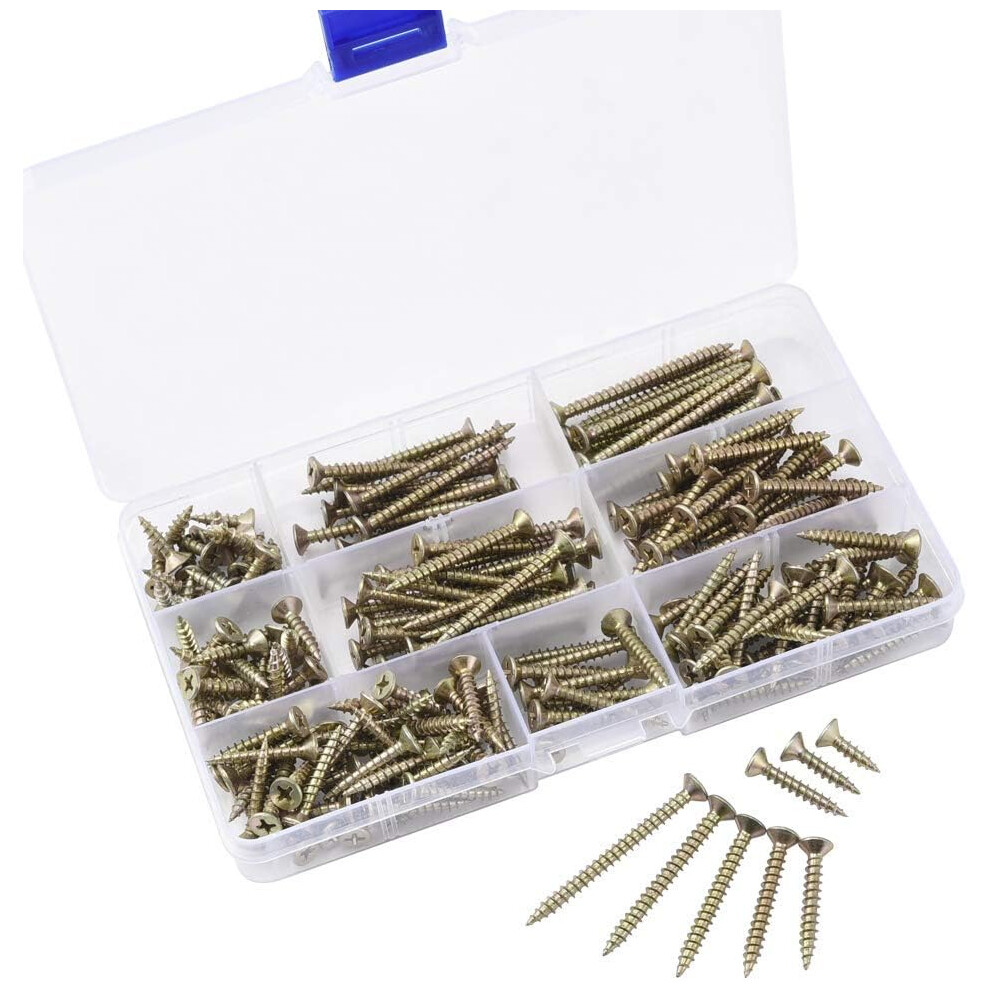 Assorted Self-Tapping Screws, Golden Galvanized Iron With Sharp Tip For Wood, Plastic, And Soft Metals, Optimized For Excessive Torque 9554910885499