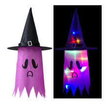 Enfeites para ambientes internos e externos, chapéu de bruxa fantasma brilhante e assustador com 10 luzes de LED para decoração de Halloween,