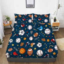 Boys Sports Fitted Sheet Set Full/Queen 3D Soccer Basketball Baseball Football Bedding for Kids Teens Bedroom Deep Pocket Blue