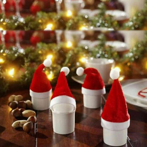 60PCS Mini Felt Santa Hats Christmas Tableware Silverware Holders Wine Bottle Decor 1