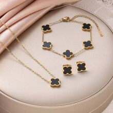 (Black 3-piece set (single side), 18K) Four-leaf clover titanium steel three-petal grass 18K necklace bracelet stud earrings