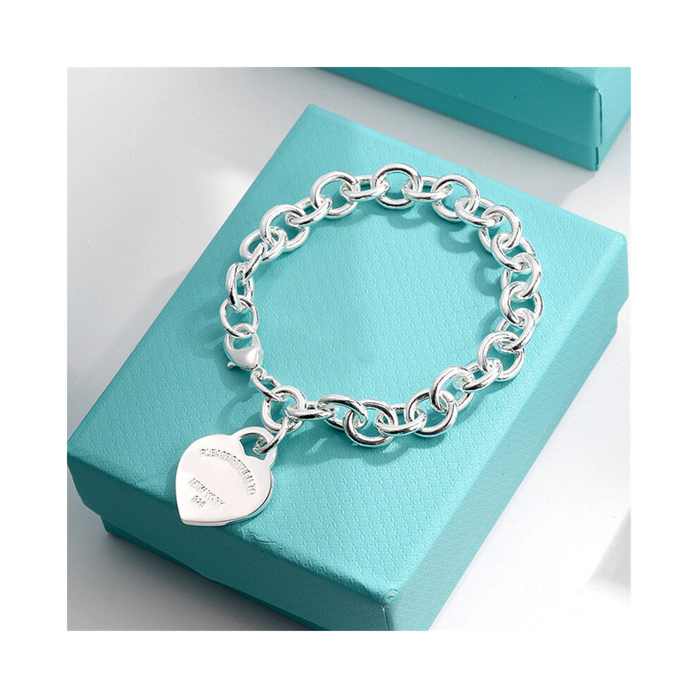 (Silver heart-shaped bracelet, 17CM) Heart-shaped English tag couple heart-shaped OT clasp blue enamel bracelet
