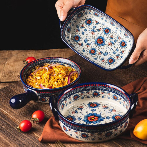 Ceramic Dinner Plates and Bakeware Set with Hand Painted Design, Oven Safe Colorful Tableware 1