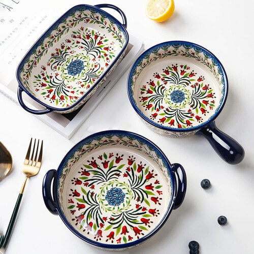 Ceramic Dinner Plates and Bakeware Set with Hand Painted Design, Oven Safe Colorful Tableware 2