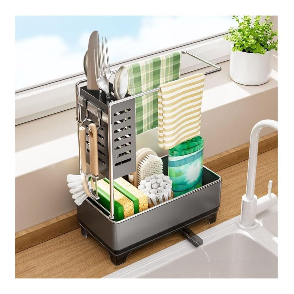 Kitchen Sink Organizer With Towel Rack, Selfdraining Dish Drying Rack For Sponge And Soap Holder 9119770392497