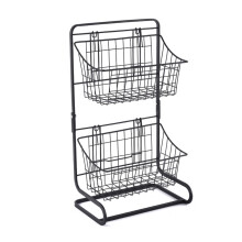 Slitesterk 2-lags fruktkurv i metall med rekkverk og nettingdesign, sklisikker base for kjøkken og bad, enkel montering, multifunksjonell design