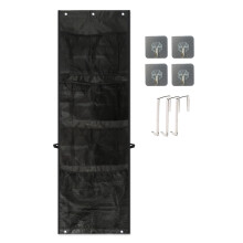 Sac de rangement pour porte de remorque avec poches en filet, compartiments zippés et sangles auto-agrippantes, noir.