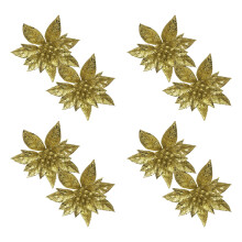 Ornamente de Crăciun aurii, flori artificiale de Crăciun cu cleme metalice pentru plasare ușoară, flori Poinsettia cu sclipici pentru sezon și