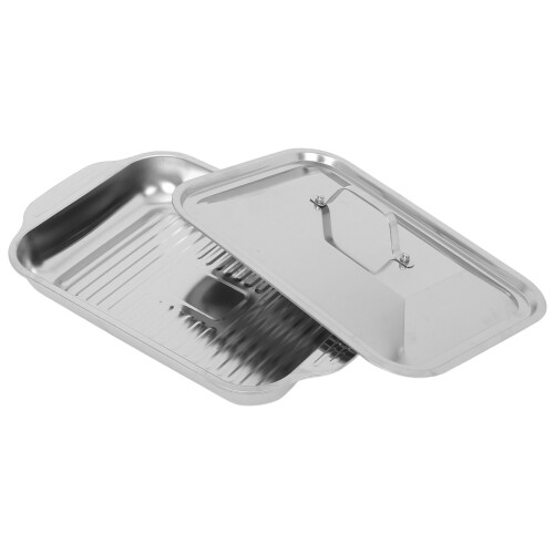 Stainless Steel Fish Roasting Pan Deep Oven Tray with Lid Silver