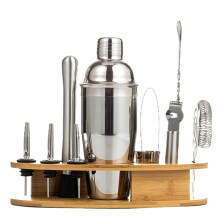 Cocktail Shaker Set with Bamboo Stand, 11 Piece Stainless Steel Professional Bartending Kit 550ml