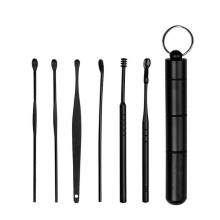 XIANRENGE Ear Wax Remover Ear Cleaner Tool Stainless Steel Ear Spoon with Metal Small Case Ear Care for Adults Pack of 6, Black