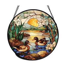 Stained Glass Acrylic Colorful Sunset Mountains-Yellow 1 Green