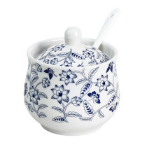 Ceramic Sugar Bowl and Salt Pepper Jar Set Blue White Flower Pattern with Lid and Spoon