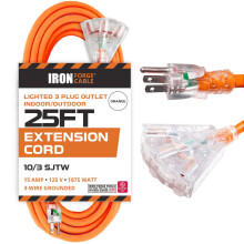 25 Foot Outdoor Extension Cord Heavy Duty 10 Gauge with Triple Outlets and Lighted Power Plug