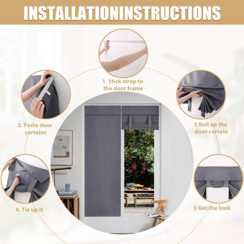 (Gray) Blackout Door Curtain Sticker Light Filtering Convenient And Practical 2