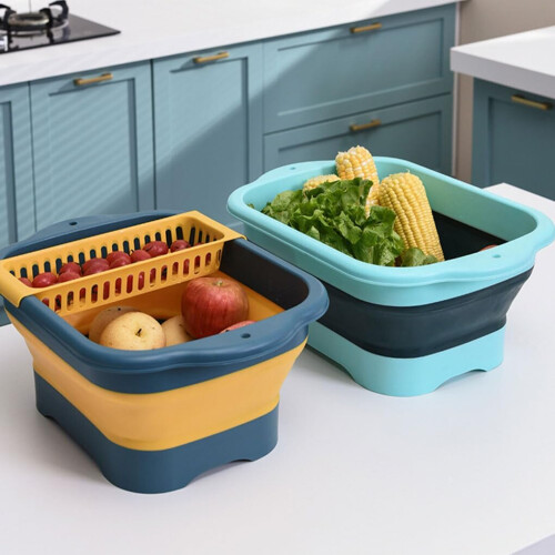 Portable Sink with Large Capacity Foldable Vegetable Basket and Drainage for Kitchen, Blue 1