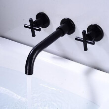 Wall Mounted Bathroom Faucet with Double Cross Handles, 360 Swivel Spout, Hot and Cold Mixer, Black