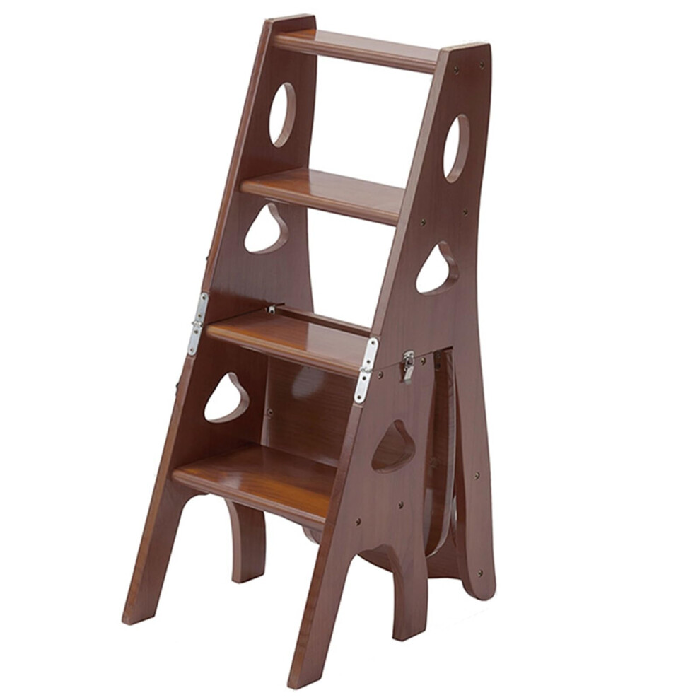 Wooden Folding Ladder Chair With Step Stool And Storage Shelf For Home Or Library Brown 9339159844311