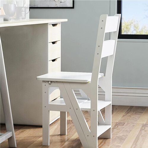 Wooden Folding Ladder Chair 4 Step Solid Wood Step Stool for Kitchen Office Library SpaceSaving 1