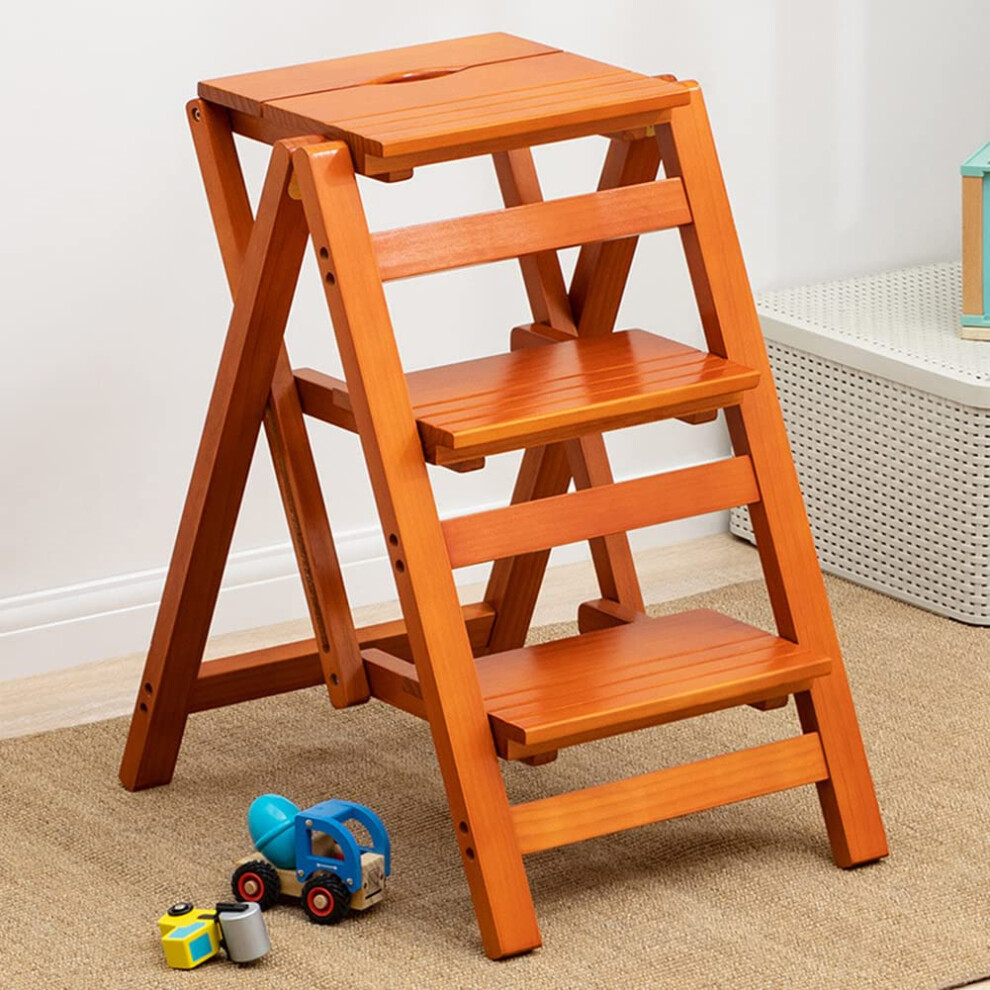 Wooden Step Ladder 3 Step Solid Wood Folding Stool For Adults, 150Kg Load, Antislip, Yellow 9323874630915