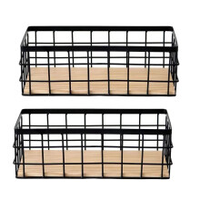 2 Pack Wire Storage Baskets with Durable Wood Base, Decorative Metal Bins for Home Organizing