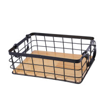 Rectangular Black Wire Storage Basket with Wooden Base for Kitchen Fruit 36x26x12cm