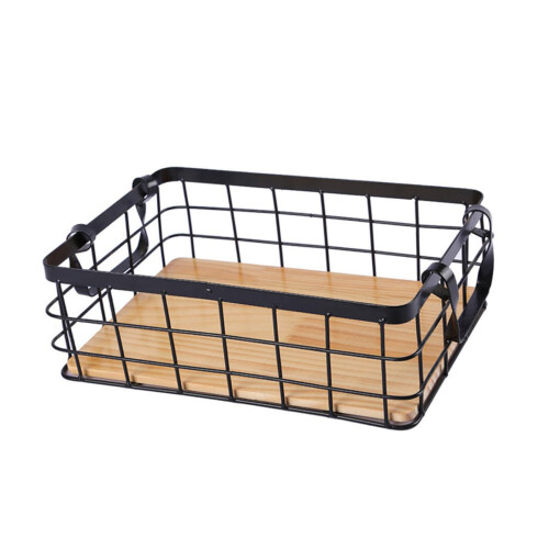 Rectangular Black Wire Storage Basket with Wooden Base for Kitchen Fruit 36x26x12cm