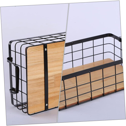 Rectangular Black Wire Storage Basket with Wooden Base for Kitchen Fruit 36x26x12cm 2