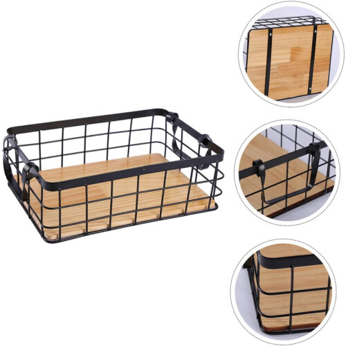 Rectangular Black Wire Storage Basket with Wooden Base for Kitchen Fruit 36x26x12cm 1