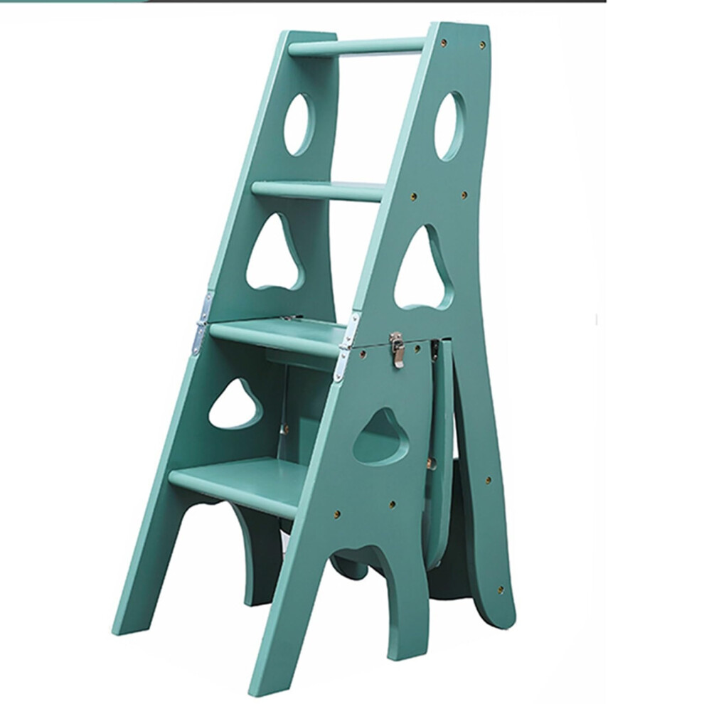 Folding Library Ladder Chair Solid Wood 3In1 Step Stool With Storage Shelf 331Lbs Light Gray Green 9001264585198