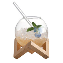 Cocktail Glass Cup with Wooden Stand, Transparent Spherical Drinking Glass for Wine, Juice, Coffee
