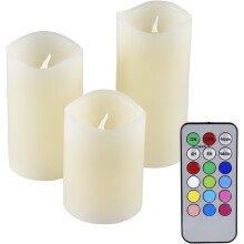 Velas LED cilíndricas a pilas, carcasa de plástico color marfil resistente al agua con temporizador remoto y efecto de mecha parpadeante 3D para