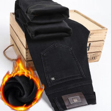 (black, 35) Men's Clothing  Winter Men's Fleece Warm Jeans Fashion Business Casual Thick Wool Denim Trousers Plush Lined Pants