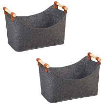 2 x Large Felt Storage Baskets with Wooden Handles, Foldable Bin for Firewood and Winter Use