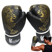 Boxing Gloves PU Leather Tiger Print for Training and Sparring, Unisex Adult M Black