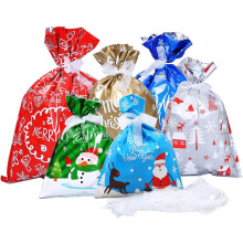Bolsas navideñas con etiquetas, reutilizables y de tamaño surtido, de polímero aluminizado y con cordón, ideales para decoración navideña y