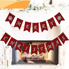 Vintage rood-zwarte geruite kerstdecoraties, unieke kerstbanner met vrolijk kerstmotief, klassieke geruite achtergrond, weerbestendige jute