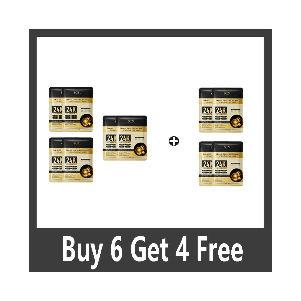 Golden (10 Pcs) 24K Hyaluronic Acid Face Mask Facial Skincare Firming Moisturizing Hydrating Facial Masks Skin Care Products